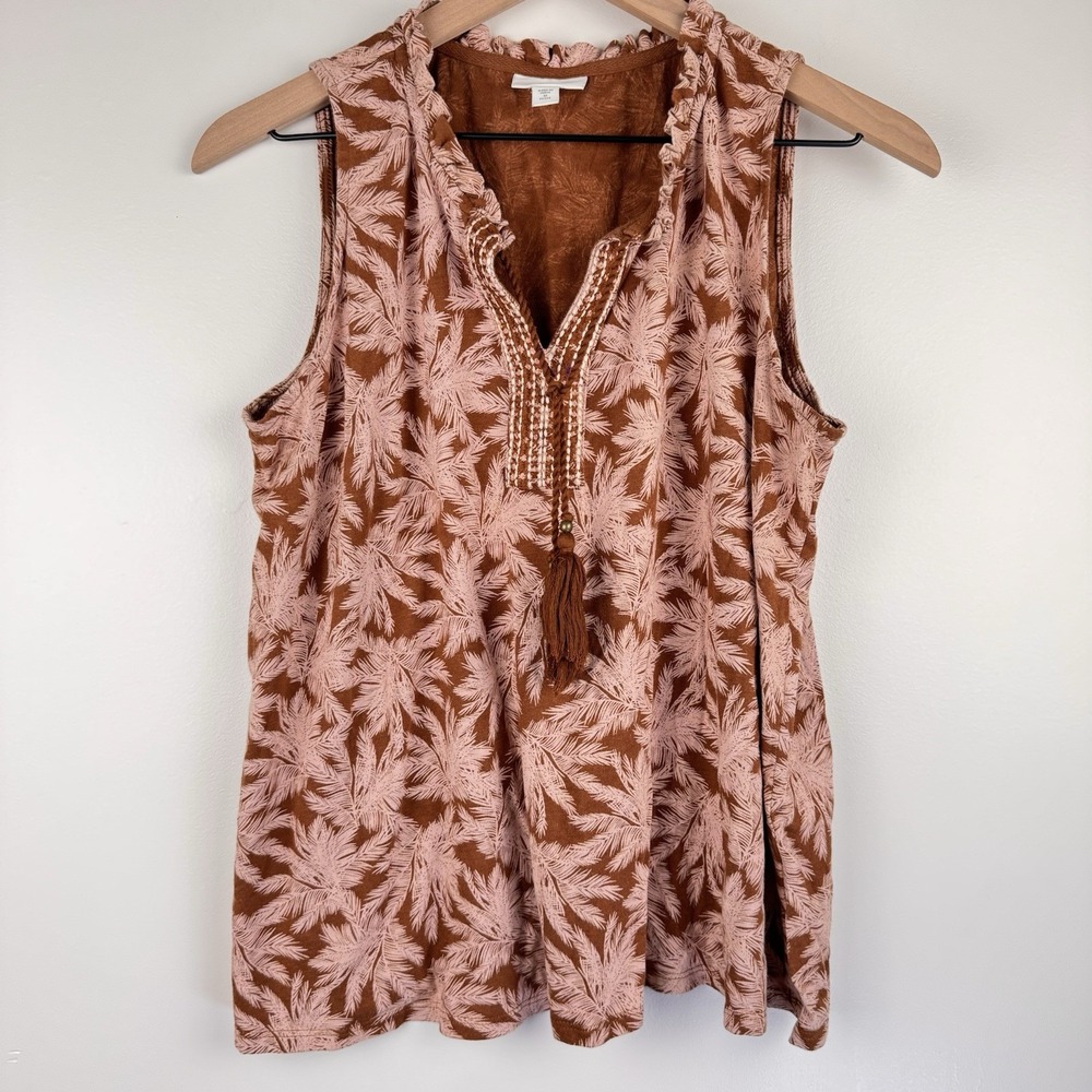 J. Jill Bellissima Tassel Tie Split Neck Top Brown Pink Palm Trees Medium